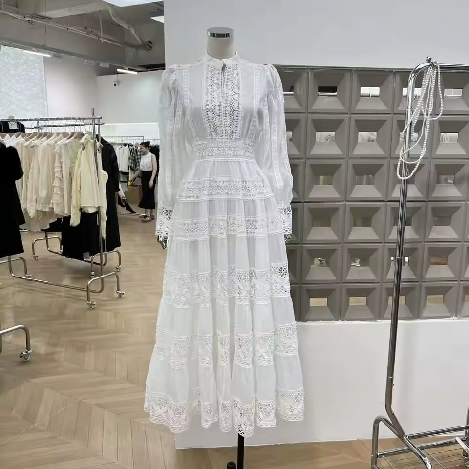 Luxury Long Sleeve Maxi Dresses Shirt Women Summer Autumn Prom Evening Party Vestidos Lace Embroidery Hollow Out Dress White