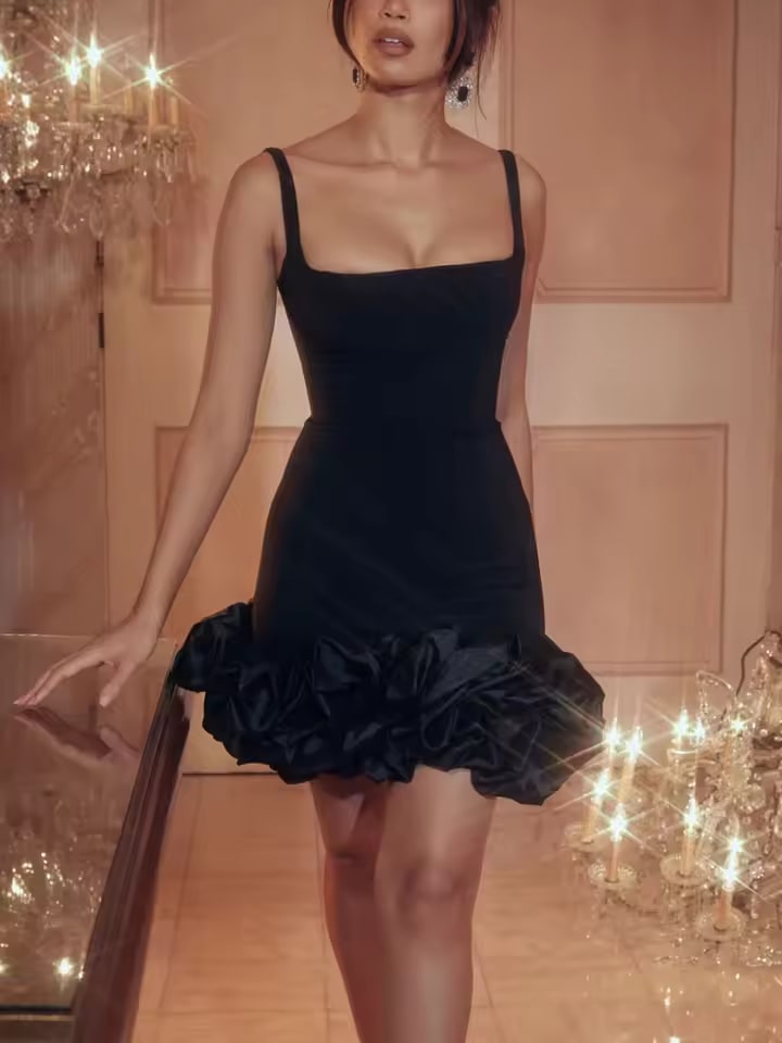 Women Spaghetti Strap Bodycon Mini Dress Solid Color Pleated Ruffle Hem Sleeveless Party Cocktail Dress