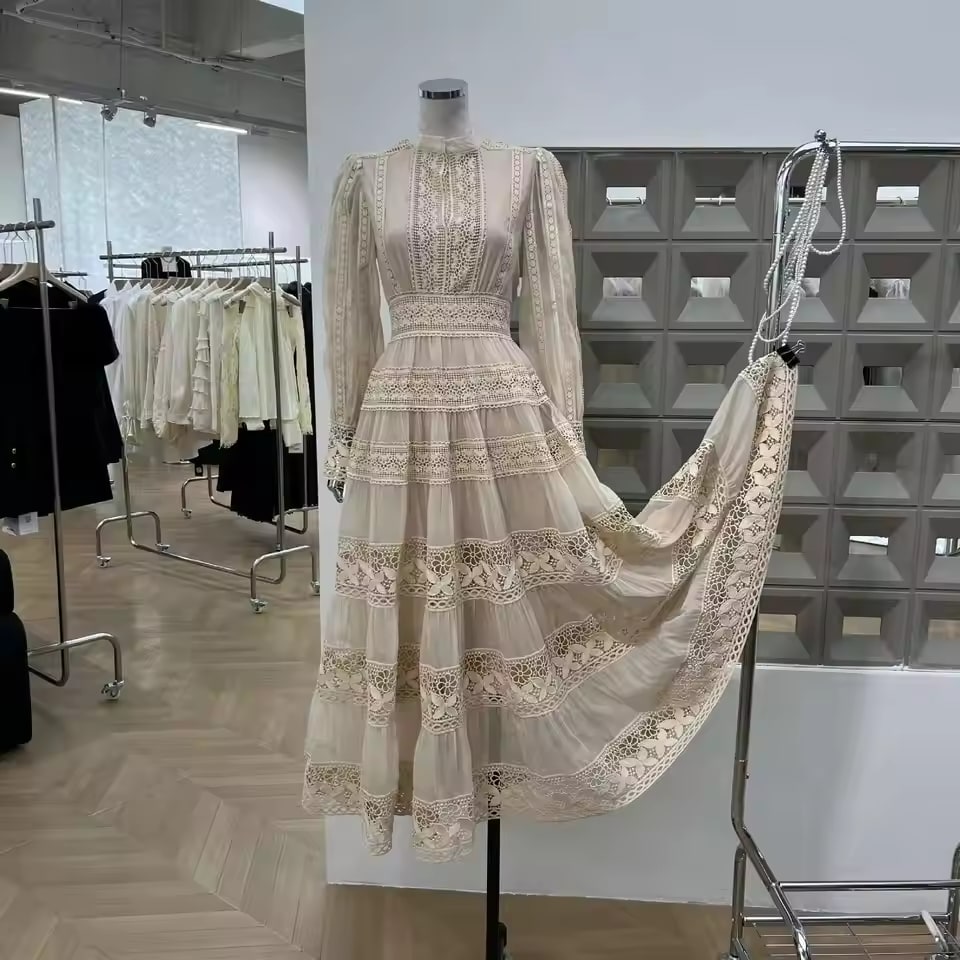Luxury Long Sleeve Maxi Dresses Shirt Women Summer Autumn Prom Evening Party Vestidos Lace Embroidery Hollow Out Dress White
