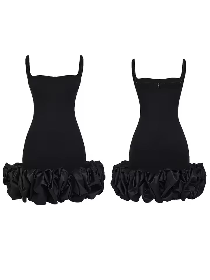 Women Spaghetti Strap Bodycon Mini Dress Solid Color Pleated Ruffle Hem Sleeveless Party Cocktail Dress