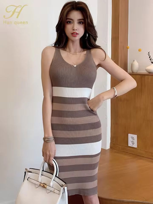 H Han Queen New Spaghetti Strap Stretch Knitted Pencil Dresses Simple V-neck Stripe Work Party Summer Dress Bodycon Dress Women
